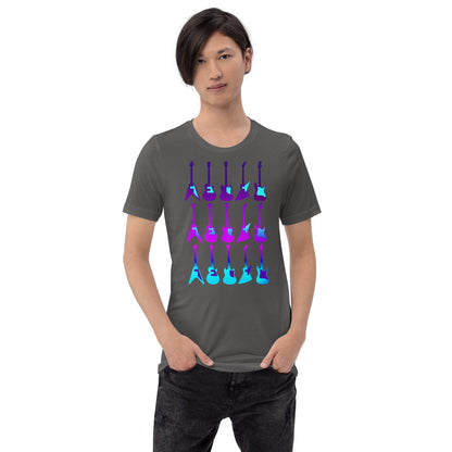 Gray T-shirt with purple and blue guitar graphic, crew neck short sleeves
