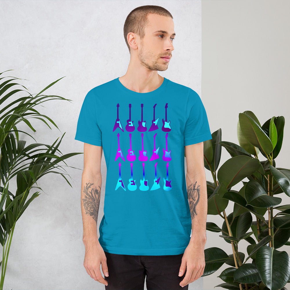 Teal T-shirt with purple and blue guitar graphic, crew neck short sleeves