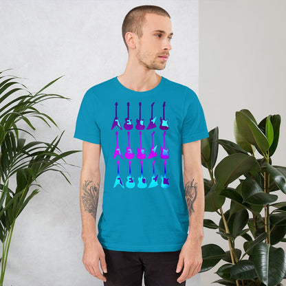 Teal T-shirt with purple and blue guitar graphic, crew neck short sleeves