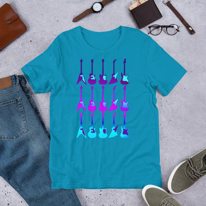 Aqua T-shirt with purple and blue guitar graphic, crew neck short sleeves