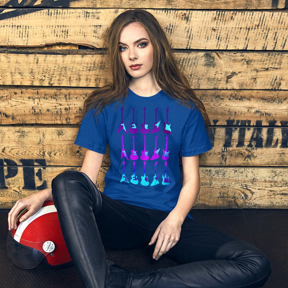 Blue T-shirt with purple and blue guitar graphic, crew neck short sleeves