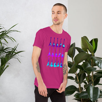 Magenta T-shirt with purple and blue guitar graphic, crew neck short sleeves