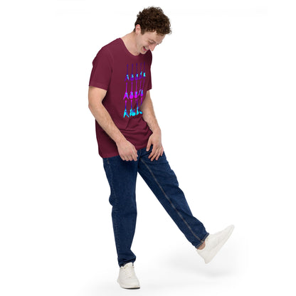 Maroon T-shirt with purple and blue guitar graphic, crew neck short sleeves