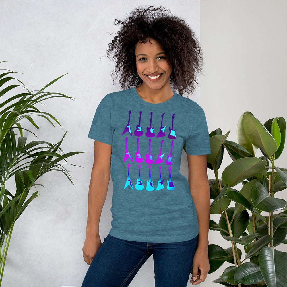Dusty teal T-shirt with purple and blue guitar graphic, crew neck short sleeves