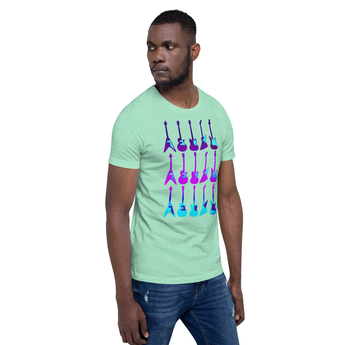Light green T-shirt with purple and blue guitar graphic, crew neck short sleeves