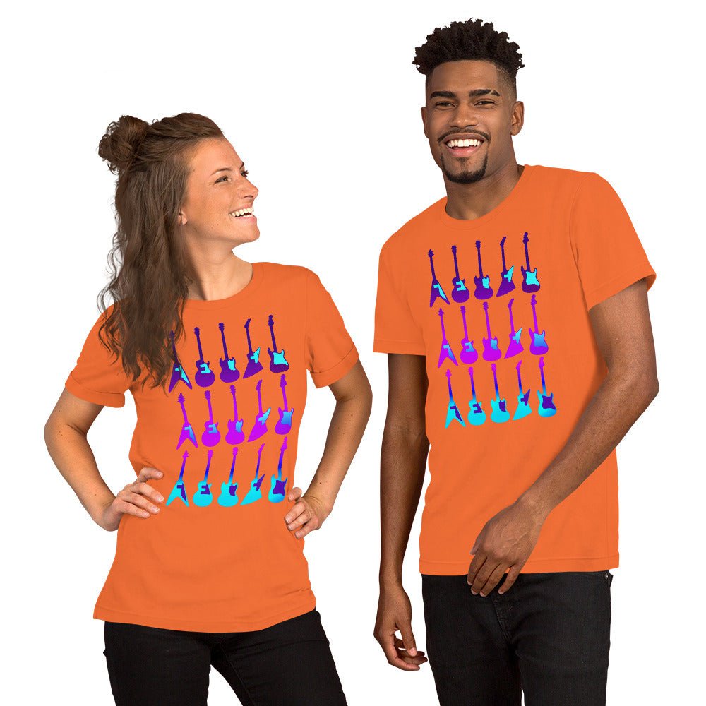 Orange T-shirt with colorful 80s guitar print across the chest.