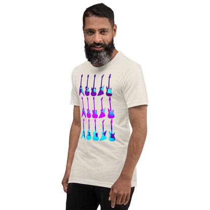 Cream T-shirt with colorful 80s guitar print centered on the chest.