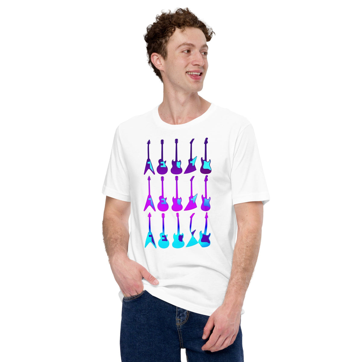 White T-shirt with colorful 80s guitar print centered on the chest.