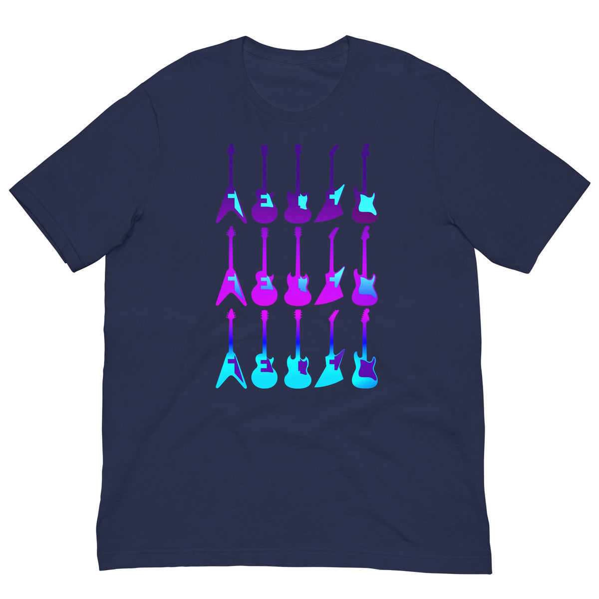 Navy T-shirt with colorful 80s guitar print centered on the chest.