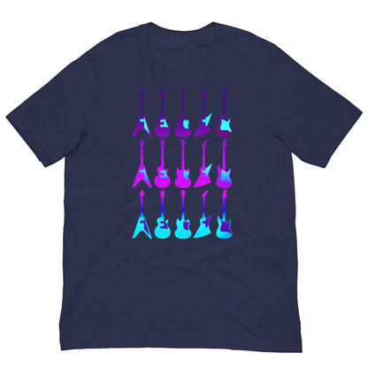 Navy T-shirt with colorful 80s guitar print centered on the chest.