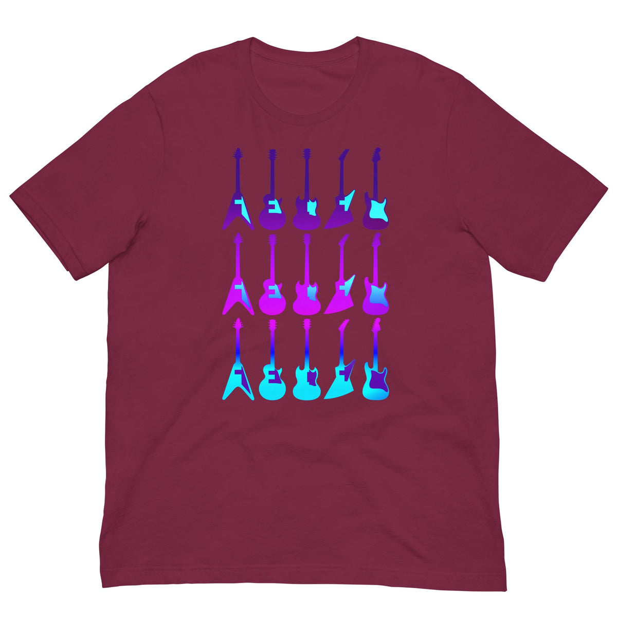 Maroon T-shirt with colorful 80s guitar print centered on the chest.