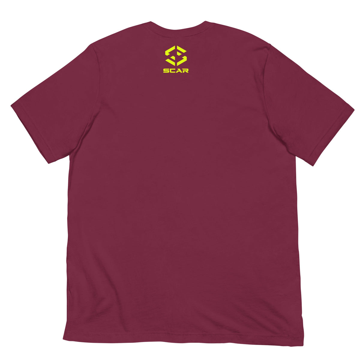 Maroon T-shirt with small SCAR logo at upper center.