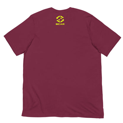 Maroon T-shirt with small SCAR logo at upper center.