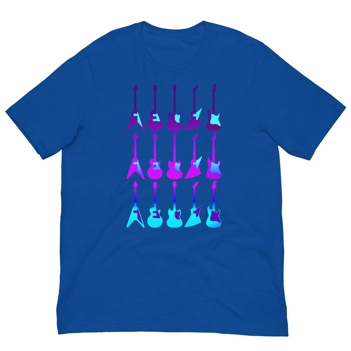 Blue T-shirt with colorful 80s guitar print centered on the chest.