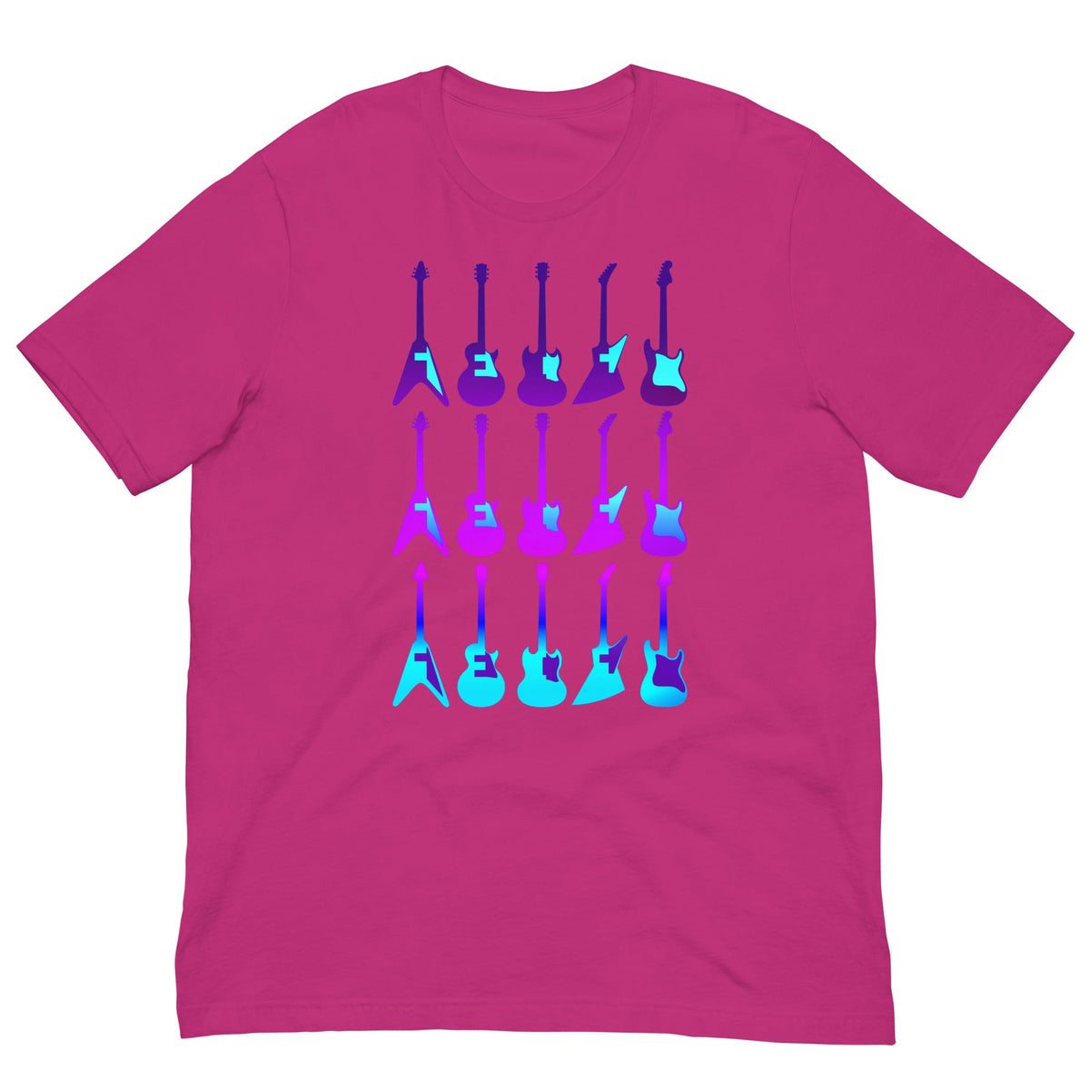 Pink T-shirt with colorful guitar graphic across the chest