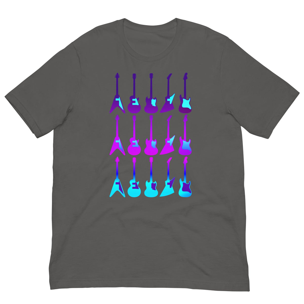 Dark gray T-shirt with colorful guitar graphic across the chest
