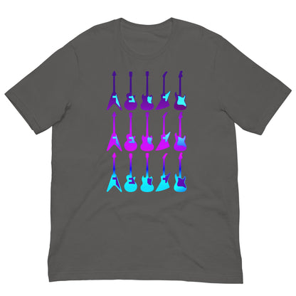 Dark gray T-shirt with colorful guitar graphic across the chest
