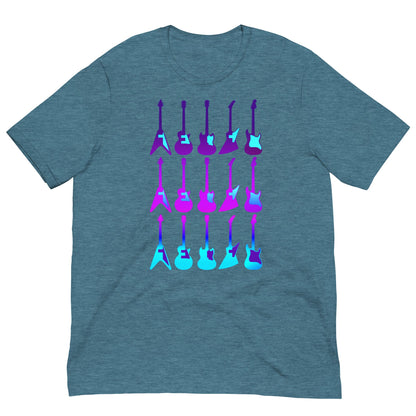 Teal T-shirt with colorful guitar graphic across the chest