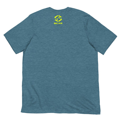 Teal T-shirt with small SCAR logo at chest