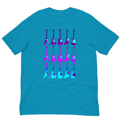 Aqua T-shirt with colorful guitar graphic across the chest