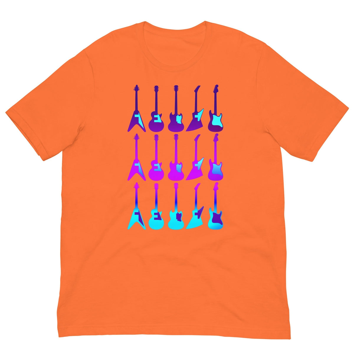 Orange T-shirt with colorful guitar graphic across the chest