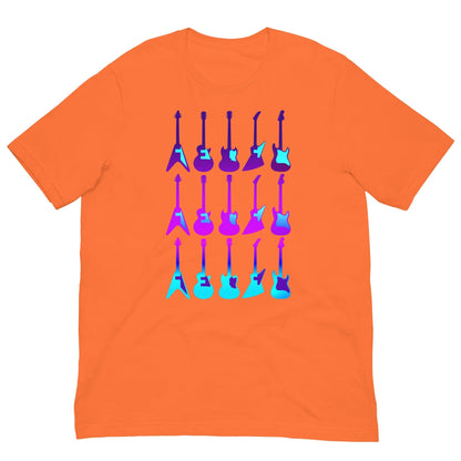 Orange T-shirt with colorful guitar graphic across the chest