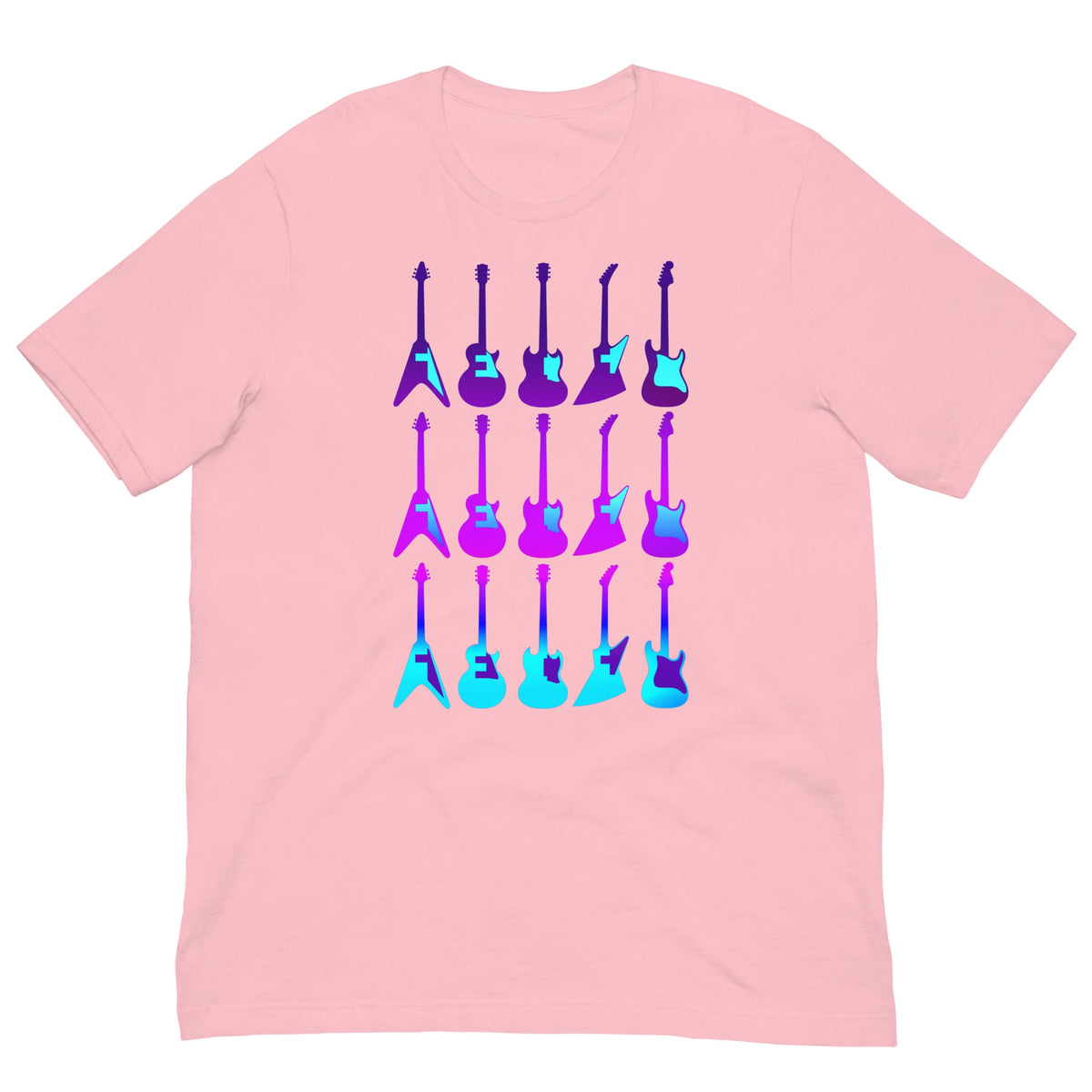 Light pink crew-neck T-shirt with colorful guitar graphic on front