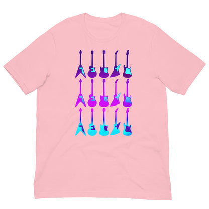 Light pink crew-neck T-shirt with colorful guitar graphic on front
