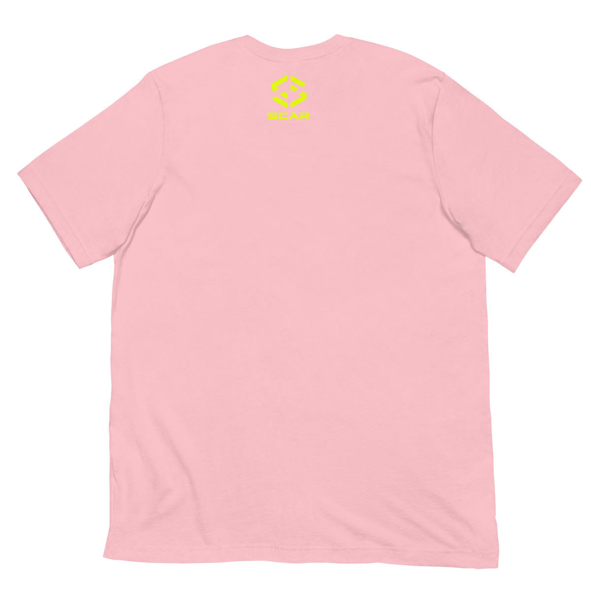 Pink crew-neck T-shirt with small SCAR logo on chest