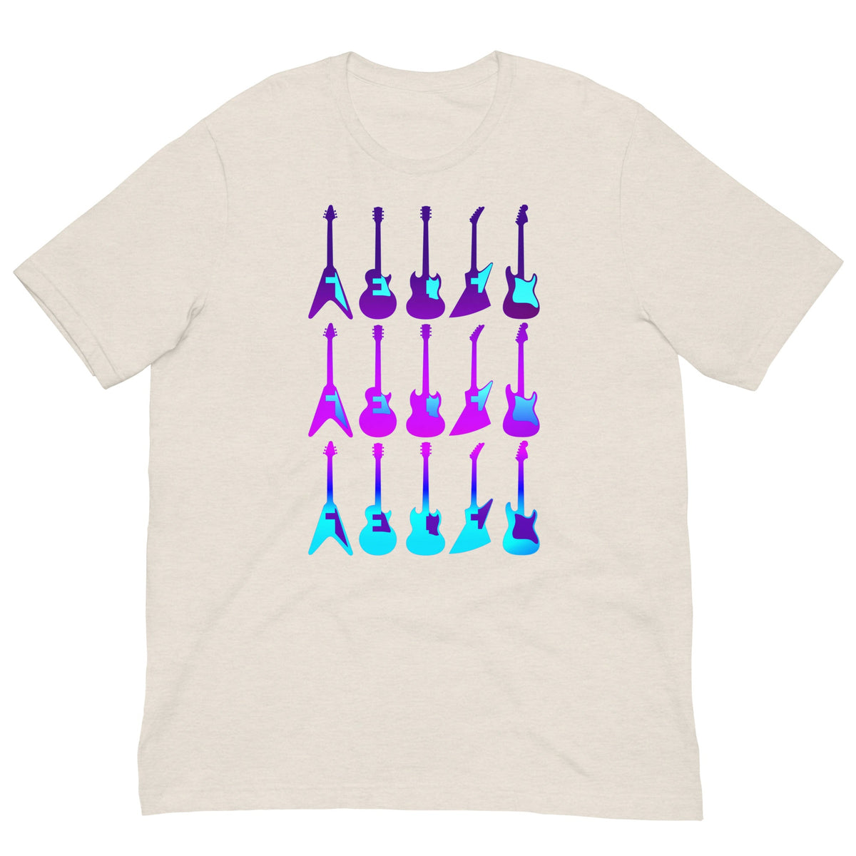 Light beige crew-neck T-shirt with colorful guitar graphic on front