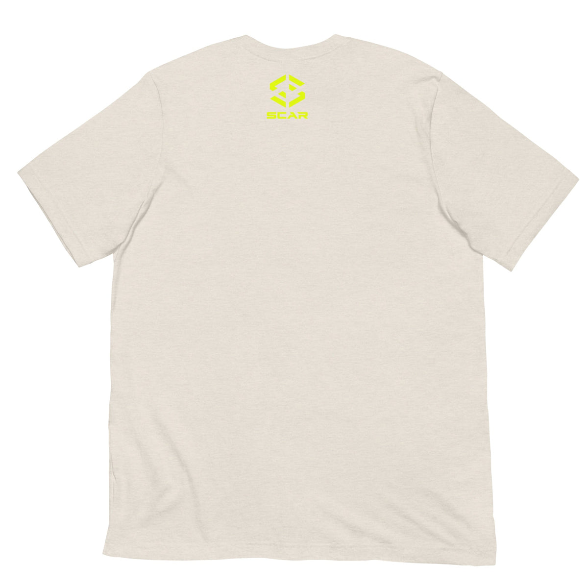 Light beige crew-neck T-shirt with small SCAR logo on chest