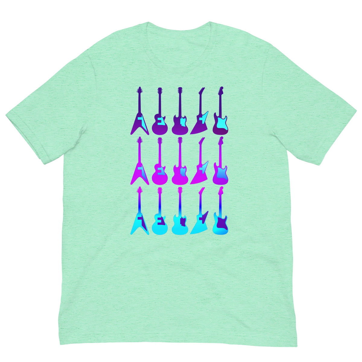 Mint green crew-neck T-shirt with colorful guitar graphic on front