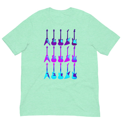 Mint green crew-neck T-shirt with colorful guitar graphic on front