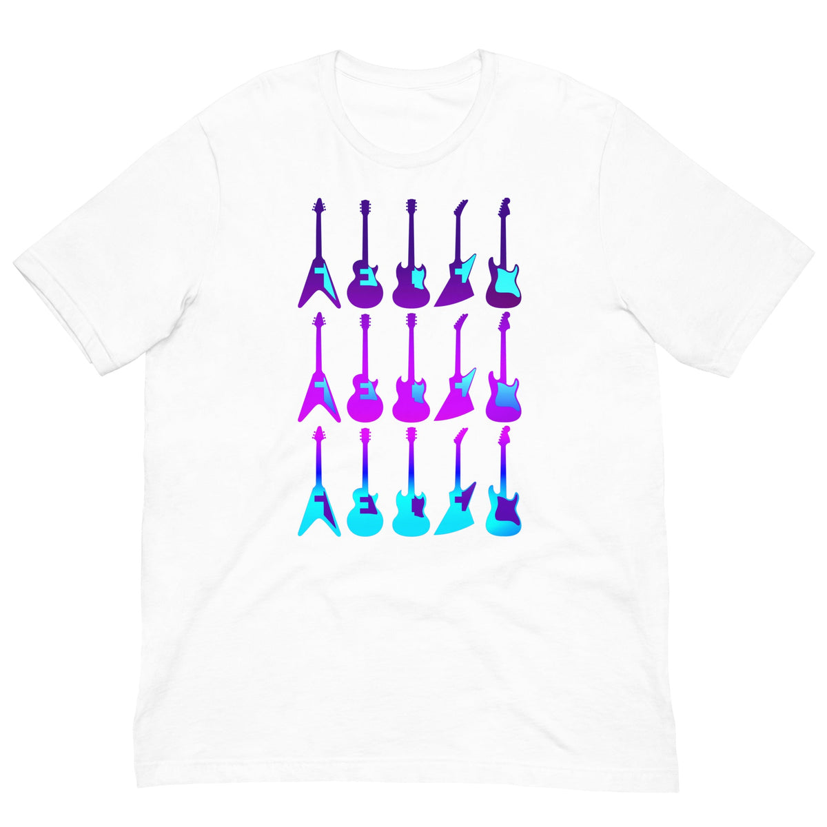 White crew-neck T-shirt with colorful guitar graphic on front