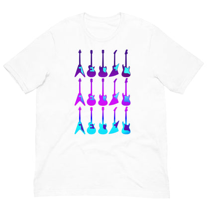 White crew-neck T-shirt with colorful guitar graphic on front