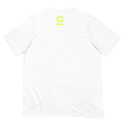 White crew-neck T-shirt with small SCAR logo on chest