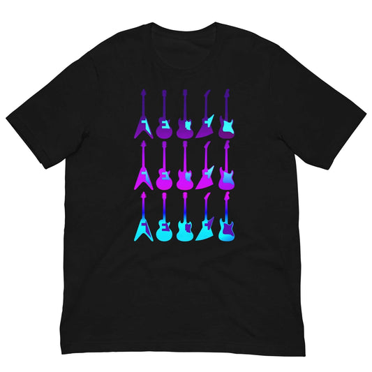 Black 80s guitars T-shirt with neon guitar graphic on chest