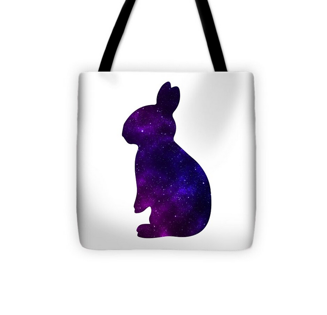 White tote bag with black handles, purple galaxy rabbit silhouette front