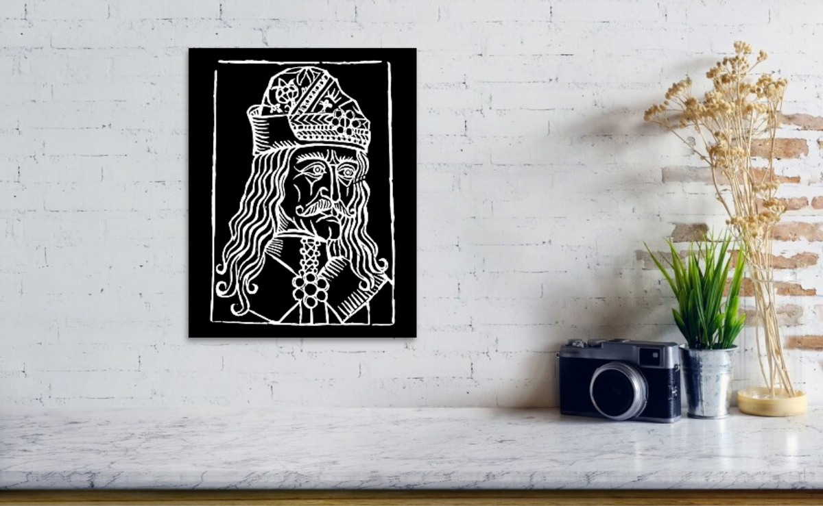 Framed black-and-white woodcut Dracula portrait with detailed crown, face, and ruffled collar.