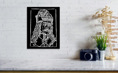 Framed black-and-white woodcut Dracula portrait with detailed crown, face, and ruffled collar.