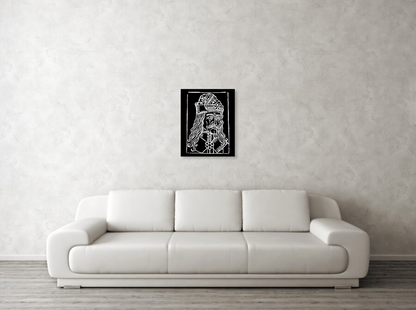 Framed black-and-white woodcut Dracula portrait centered on wall, ornate crown and beard.