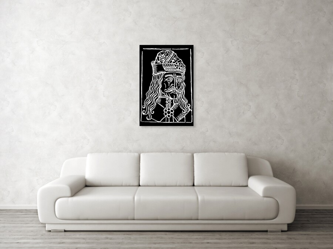 Framed black-and-white woodcut Dracula portrait with patterned crown and detailed eye and beard.