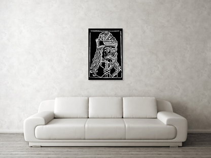 Framed black-and-white woodcut Dracula portrait with patterned crown and detailed eye and beard.