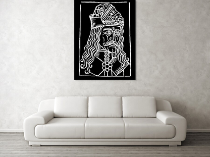Framed black-and-white woodcut Dracula portrait showing face, crown, and flowing hair linework.