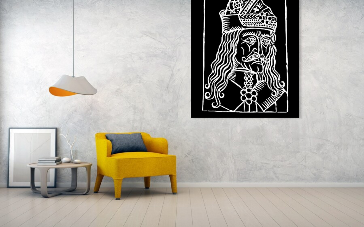 Black-and-white woodcut portrait art print with ornate headpiece, framed for wall