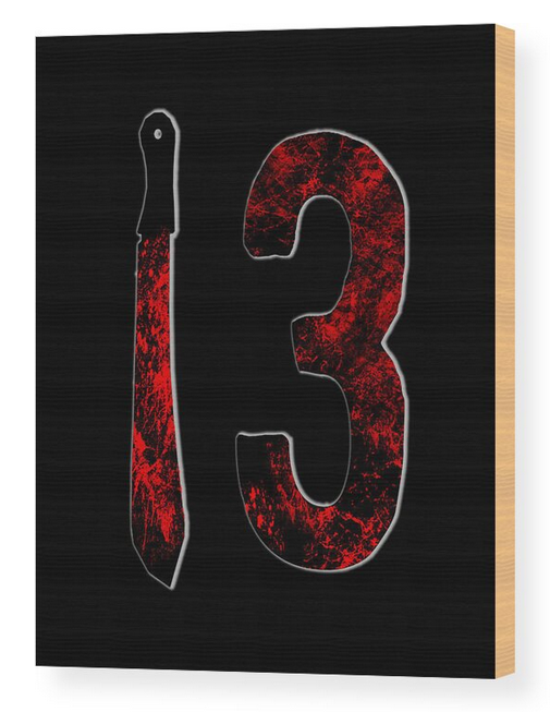 Wood print featuring red-splatter number 13 and machete silhouette on a dark background.