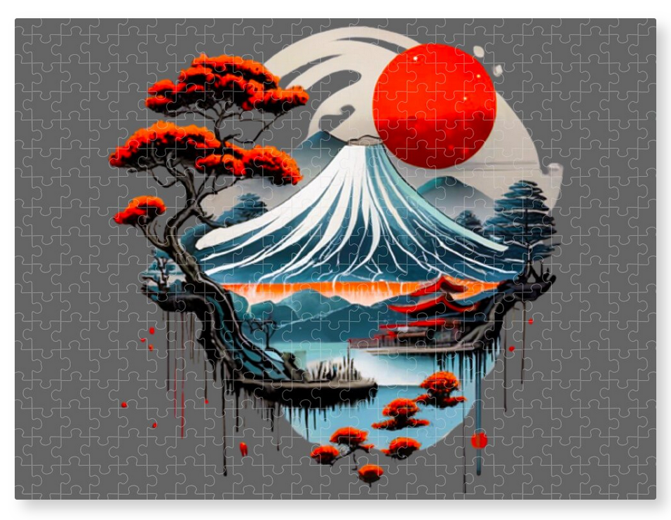 Mount Fuji jigsaw puzzle art with red sun, waves, and bonsai tree