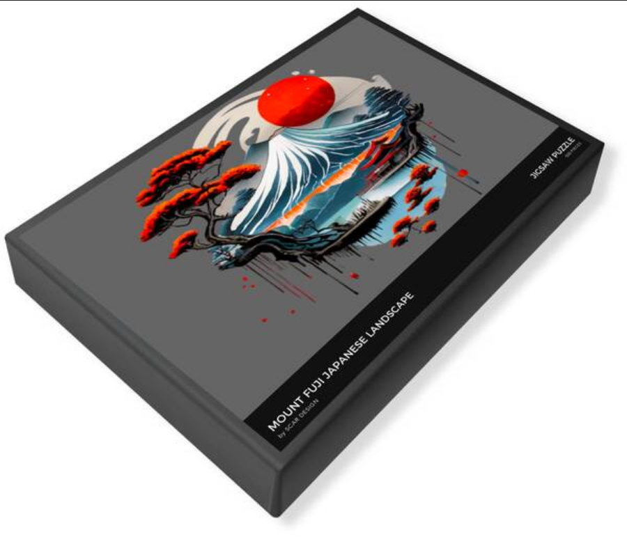 Mount Fuji jigsaw puzzle in black presentation box with red sun and wave artwork