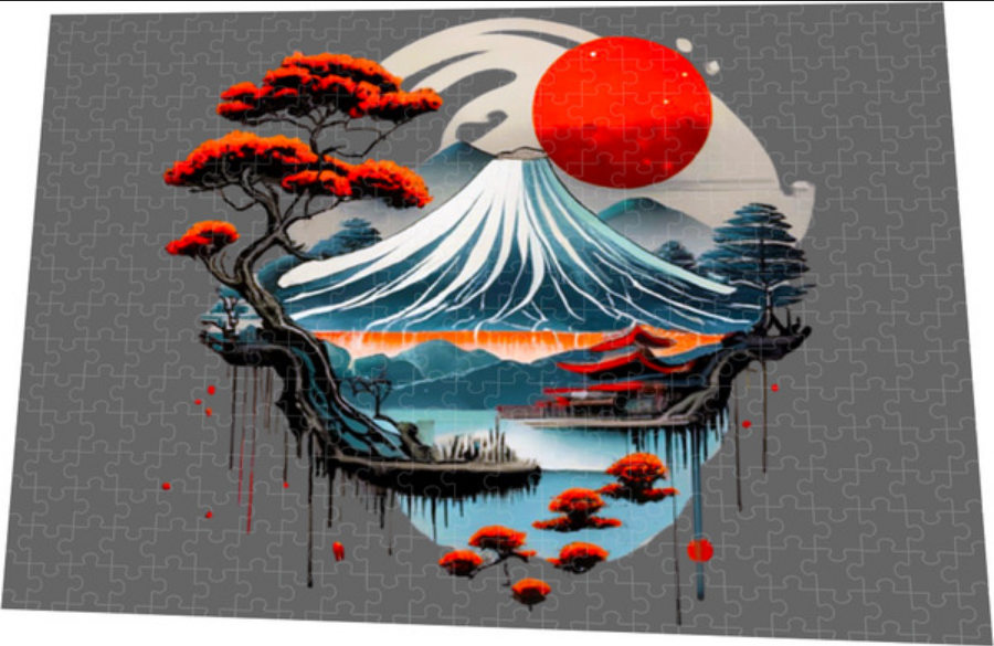 Mount Fuji jigsaw puzzle scene with red sun, waves, and bonsai tree in puzzle piece form