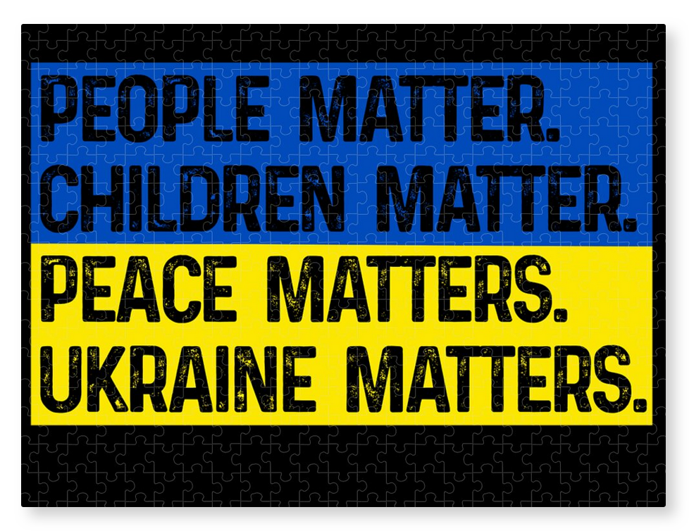 Ukraine-themed jigsaw puzzle with blue-yellow banner and bold text design